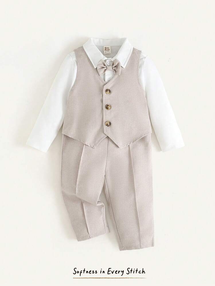 Cozy Pixies 3pcs Baby Boy Gentleman Outfit Set, Including Vest, Solid Color Long Sleeve Shirt, And Pants, Suitable For Birthday Party, Evening Party, Performance, Wedding, 1st Birthday, Christening And Celebration Boys Wedding Outfit In Beige Ring Bearer Outfit Toddler Wedding Outfit Boy Toddler Boys Formal Wear Gentleman Suit Set Baby Boys - Apricot - View 5