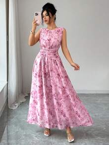 Modelyn Đầm voan nữ mùa hè in hình bướm, cổ tròn, xếp ly, không tay. - Hồng - Xem 8