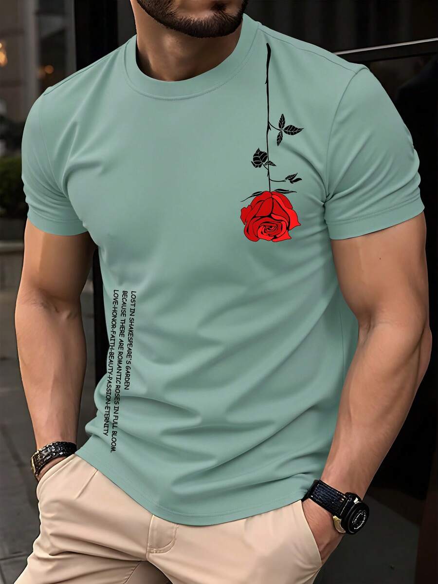 Manfinity Homme 男士休闲玫瑰花标语印花短袖T恤,夏季通勤时尚街头风 - 薄荷綠 - 查看 1