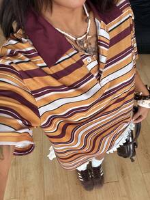 Coolane Women's 90s Retro Yellow Summer Chic Striped Oversized Lapel Short Sleeve Tees,Back-To-School School Casual Sportswear Renaissance Fair Khaki Brown - Yellow - View 4