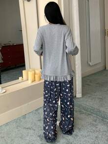 DAZY 女士卡通印花蕾丝边宽松长袖T恤和长裤睡衣套装（2件套） - 灰色 - 查看 2