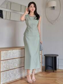 DAZY 女士优雅铆钉圆领吊带背心和直筒裙两件套，夏季 - 綠色 - 查看 6