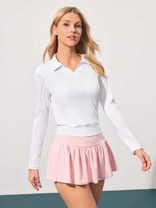 CourtClass Women's Long Sleeve Casual Fitness Sports Polo Shirt - White - View 3