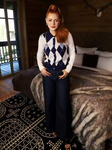 Gretanique 优雅蓝白菱形图案翻领仿门襟长袖针织毛衣，适合通勤和日常穿着，秋冬季 - 藍白色 - 查看 4