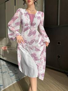 DAZY Spring Women's Elegant Floral Patchwork Lantern Sleeve Mid-Length Dress