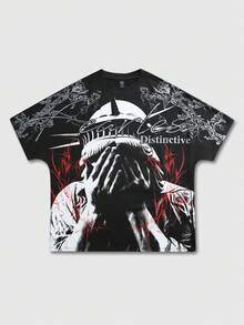 ROMWE MEN Street Life Men's Batwing Sleeve Printed Short Sleeve T-Shirt, Suitable For Everyday Wear In Spring/Summer - Black - View 3