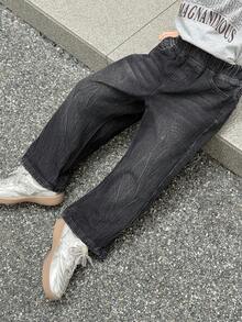 DAZY Young Boy Elastic Waist Pocket Loose Wide Leg Casual Jeans Spring - Black - View 3