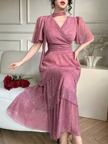 DAZY V领优雅收腰层叠时尚中长连衣裙 - 粉色 - 查看 6