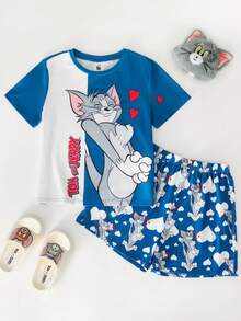 TOM & JERRY X SHEIN Bộ đồ ngủ ngắn tay và quần short in hình hoạt hình ngộ nghĩnh, phối màu tương phản, dành cho bé trai tuổi teen, thích hợp cho mùa hè. - Màu xanh lam - Xem 1