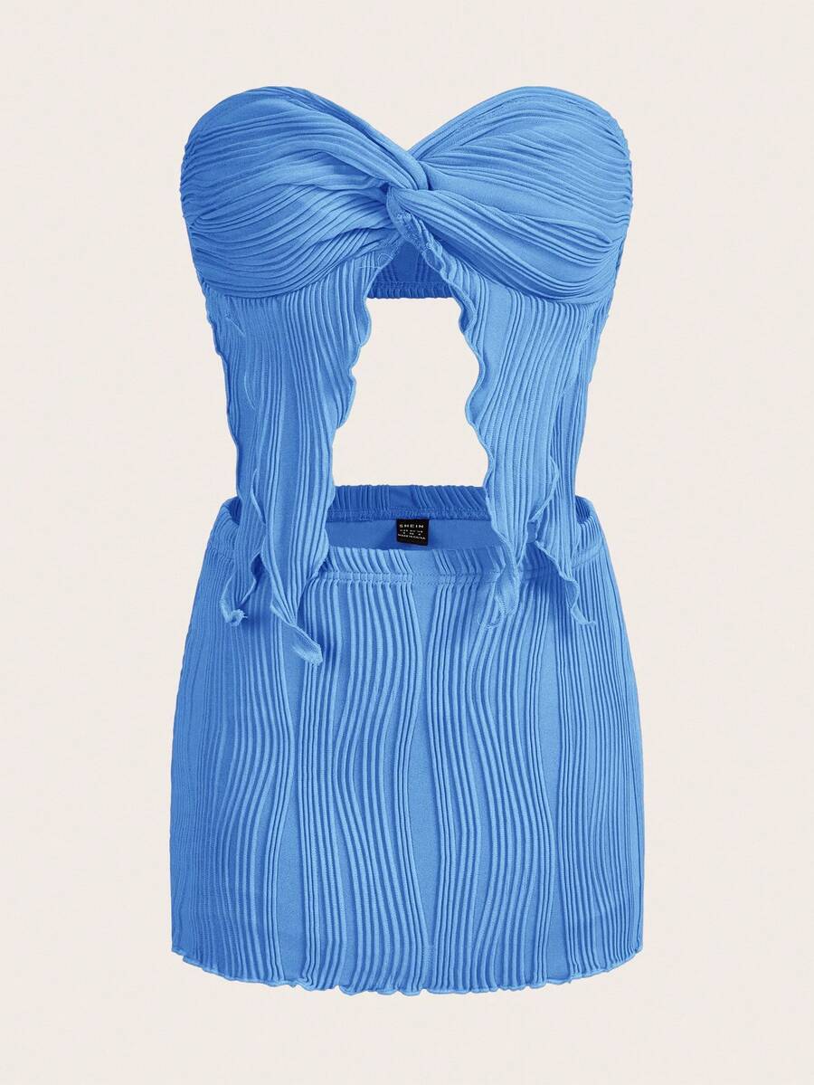 SHEIN ICON Twist Front Asymmetrical Hem Tube Top & Bodycon Skirt - Blue - View 1