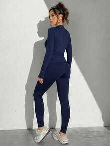 SHEIN Essnce 2pcs/Set Women Los Angeles Letter Graphic Long Sleeve Tight Fit Crew Neck T-Shirt And High Waist Leggings, Suitable For Spring And Autumn Blue 2 Piece Set Women Legging Two Piece Set Carnival - Navy Blue - View 2