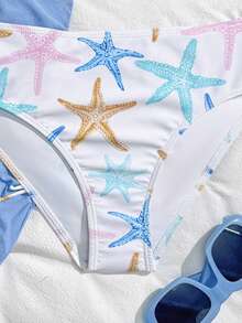 SHEIN Tween Girls 3 PiecesBikini Sets, Cute Knit Starfish & Ocean Themed Fabric, Fashionable Design, Modest Swimwear Suitable For Beach, Swimming, Vacation, Summer Summer Vacation Thermal Christmas Holiday Festival New Years Valentines Swim Tween Bathing Suits 3 Piece Set 3 Piece Swimsuit Set Girls Beach Sets Bikini Set With Sarong Skirt Starfish Print Bikini Set Swimwear With Tied Waist Girls Bikini Set With Sarong Skirt Starfish Print Swimsuit Starfish Print Swimwear