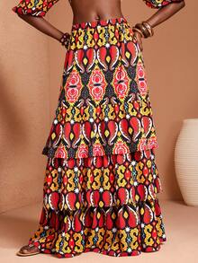 JIAN LASALA All-Over Print Elastic High Waist Layered Ruffled Women Maxi Skirt Holiday Vacation Casual Wear Beach Wedding Guest - Multicolor - View 3