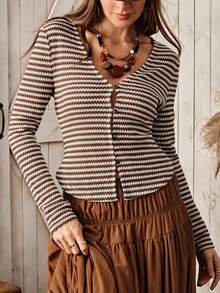 Wildy 女士休闲乡村风条纹长袖上衣，秋冬季日常百搭单品 - 彩色 - 查看 1