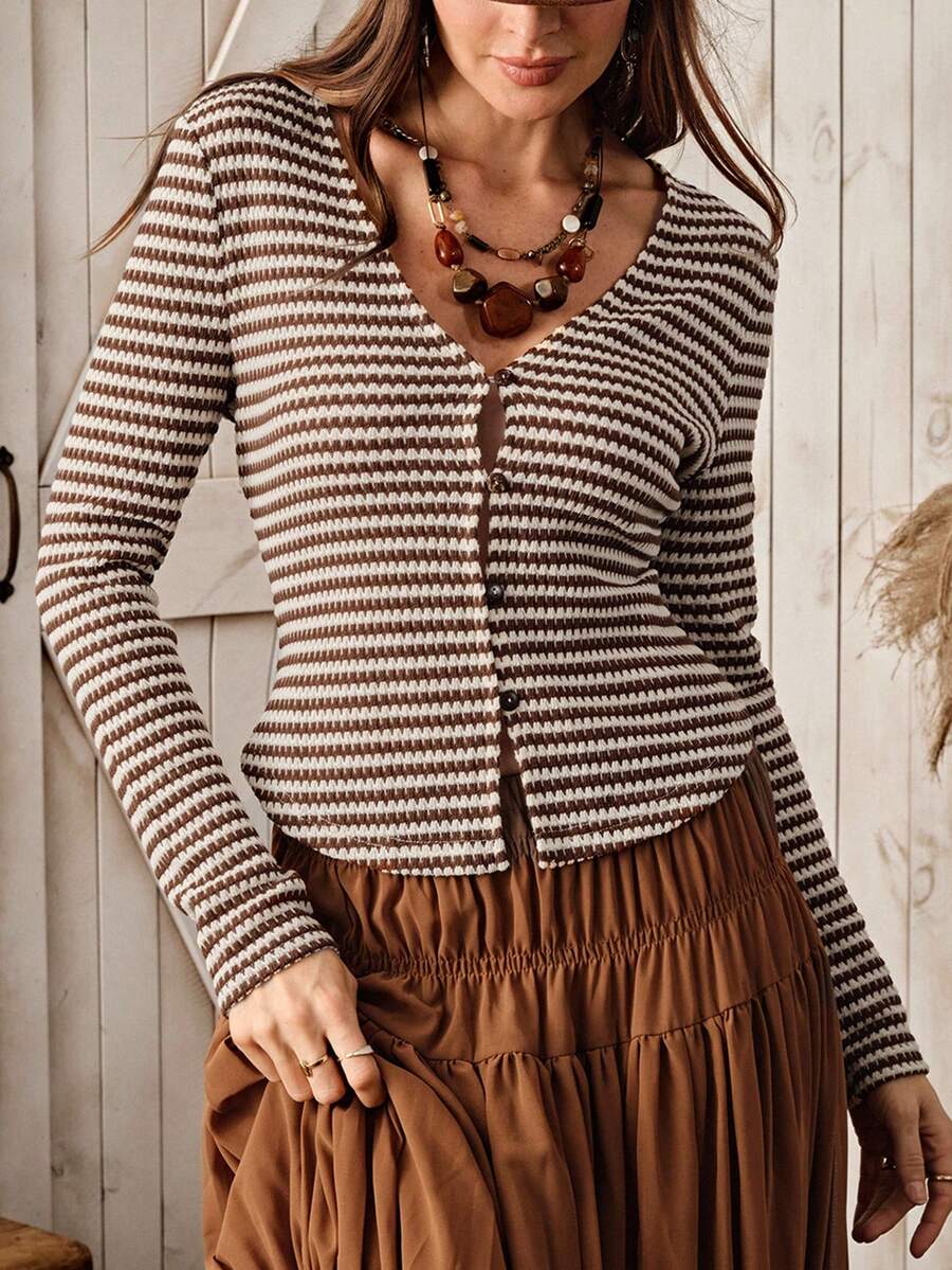 Wildy 女士休闲乡村风条纹长袖上衣，秋冬季日常百搭单品 - 彩色 - 查看 1