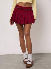 SHEIN BAE Chân váy chữ A xếp ly màu trơn, kiểu dáng thường ngày, đa năng, có thắt lưng dành cho nữ. - Màu Đỏ Sâu - Xem 7