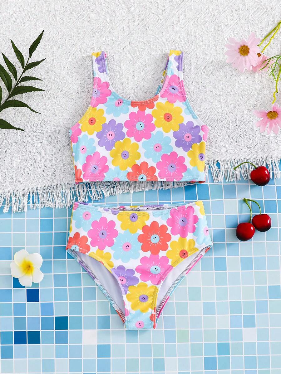Emery Rose Kids Emery Rose Kids 夏季海滩度假可爱笑脸随机印花少女吊带比基尼两件套 - 淺粉色 - 查看 1