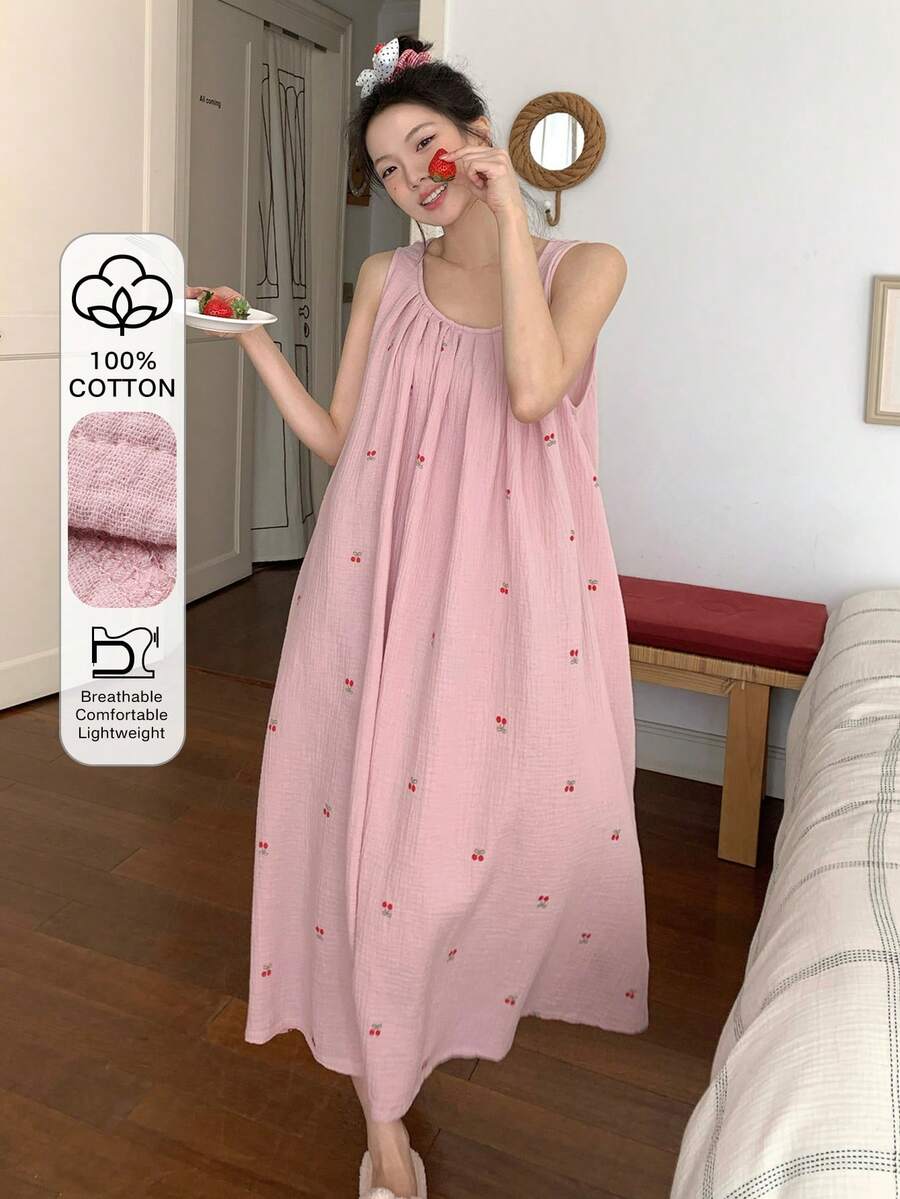 DAZY 少女樱桃印花无袖圆领休闲连衣裙家居服 - 粉色 - 查看 1