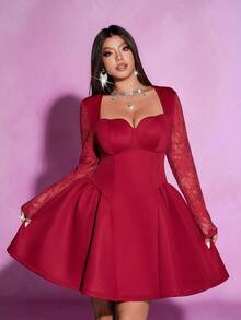 Viva Relle Valentine Plus Size Sexy Square Neck Red Lace Patchwork Party Christmas Dress - Red - View 2