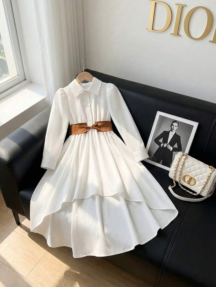 SHEIN Young Girl Casual Everyday Commute Puff Sleeve Asymmetrical Hem Contrast Waist Belt Shirt Dress, Autumn/Spring - Multicolor - View 1