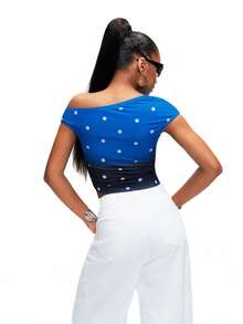 TypaGal White And Blue Summer Streetwear Y2k Night Women's Edgy Chic Black Cat Letter Polka Dot Print Asymmetric Neck Ruffle Fitted Cropped T-Shirt, Punk Style - Multicolor - View 2