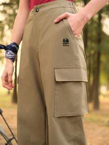 SHEIN In My Nature Women's Casual Fashion Street Snap Flap Pocket Outdoor Cargo Pants - Khaki - View 1