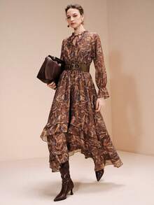 Arave Stand Collar Loose Asymmetrical Hem Dress - Multicolor - View 2