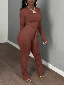 Slaydiva Bộ 2 món nữ cơ bản thường ngày mùa thu/đông: áo crop top dài tay cổ tròn ôm sát và quần skinny cạp chun có dây rút. - Màu nâu  Mocha - Xem 6