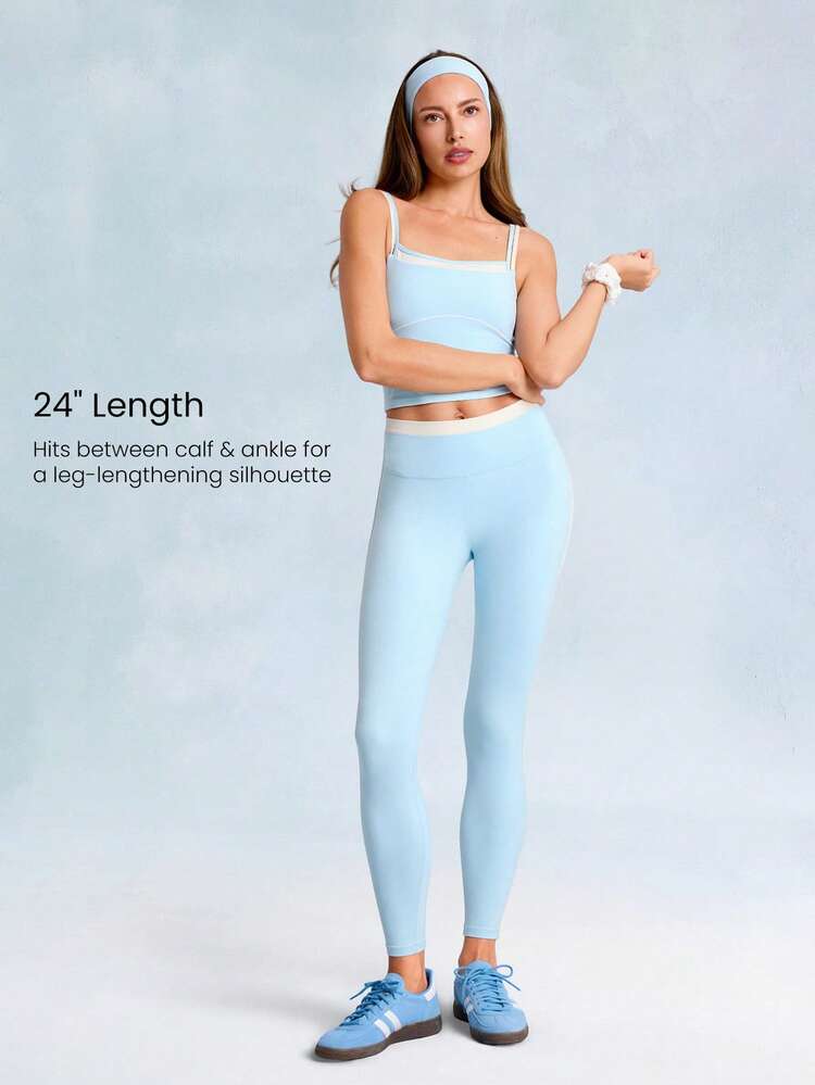 24" FeatherFit™ Mallas suaves y suaves con costuras contrastantes y rayas laterales, de 2 piezas, para yoga de bajo impacto, uso diario y casual