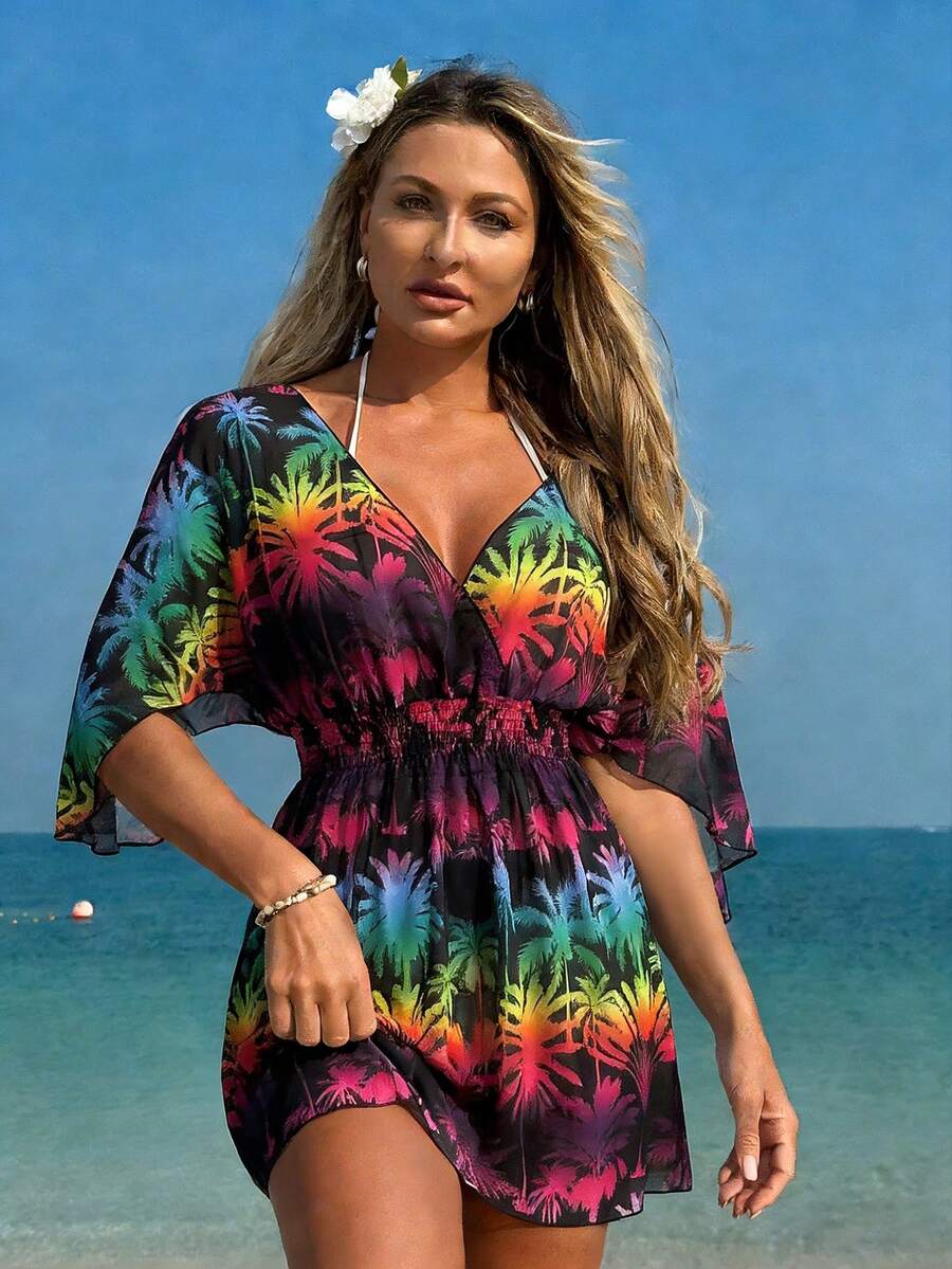 Swim Lushoire Women's Beach Vacation Tropical Print Sheer Mesh Drawstring Waist Midi Casual Cover-Up - Multicolor - View 1