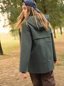 SHEIN In My Nature 女士字母印花长袖拉链连帽户外夹克 - 軍綠色 - 查看 3