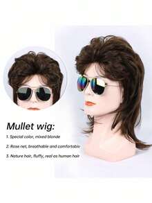 1pc Men Mullet Wigs Brown Curly 70s 80s Retro Cosplay Costume Wig Rocker Disco Party Fancy Show Wigs,Christmas - Multicolor - View 4