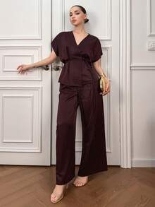 DAZY 春夏宽松商务休闲时尚棕色办公室着装不对称领设计腰带无袖衬衫和直筒休闲裤两件套女装 - 棕色 - 查看 1