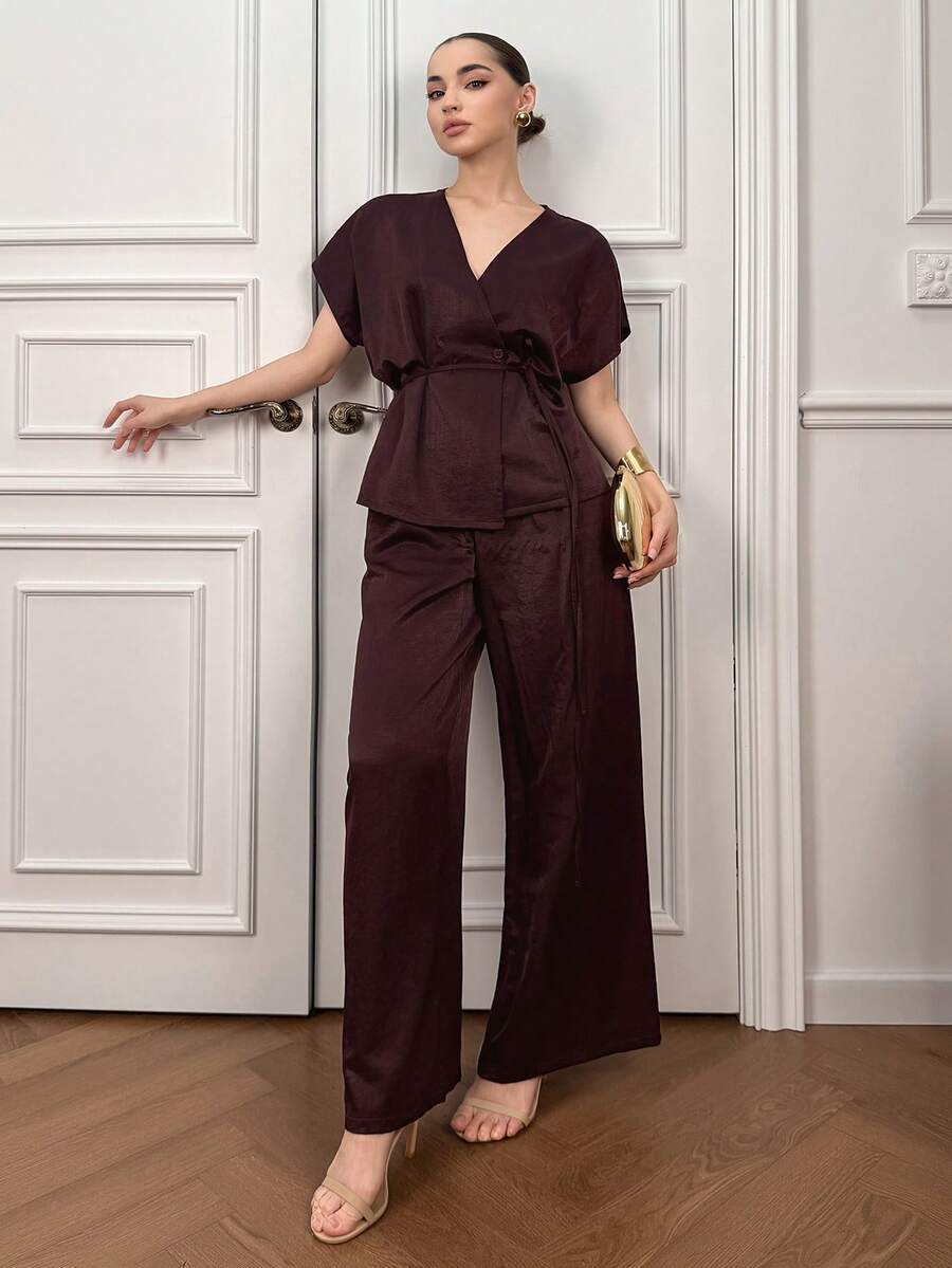 DAZY 春夏宽松商务休闲时尚棕色办公室着装不对称领设计腰带无袖衬衫和直筒休闲裤两件套女装 - 棕色 - 查看 1