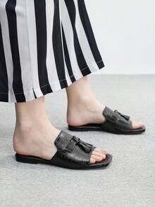 CUCCOO BIZCHIC 女士时尚百搭流苏装饰咖啡色平底拖鞋，轻便舒适，一脚蹬平底凉鞋 - 石頭紋黑 - 查看 3