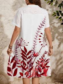 EMERY ROSE Plus Size Women Eyelet Embroidery Patchwork Floral Print Summer Dress - Red - View 2