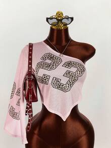 Amplova Women's Streetwear Mesh Shoulder Cutout Sexy Numeric Print Crop Top - Multicolor - View 8