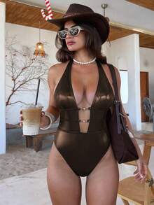 Bộ bikini một mảnh Swim SXY-D màu trơn, chất liệu vải ánh kim, cổ chữ V sâu, buộc dây sau lưng, gợi cảm dành cho nữ, thích hợp cho mùa xuân/hè. - màu nâu - Xem 5
