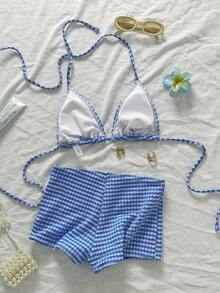 Swim Mod 粉色格子三角吊带性感比基尼两件套泳衣，女士短裤沙滩海岛度假休闲泳池派对可爱清新女式泳装 - 寶藍色 - 查看 6