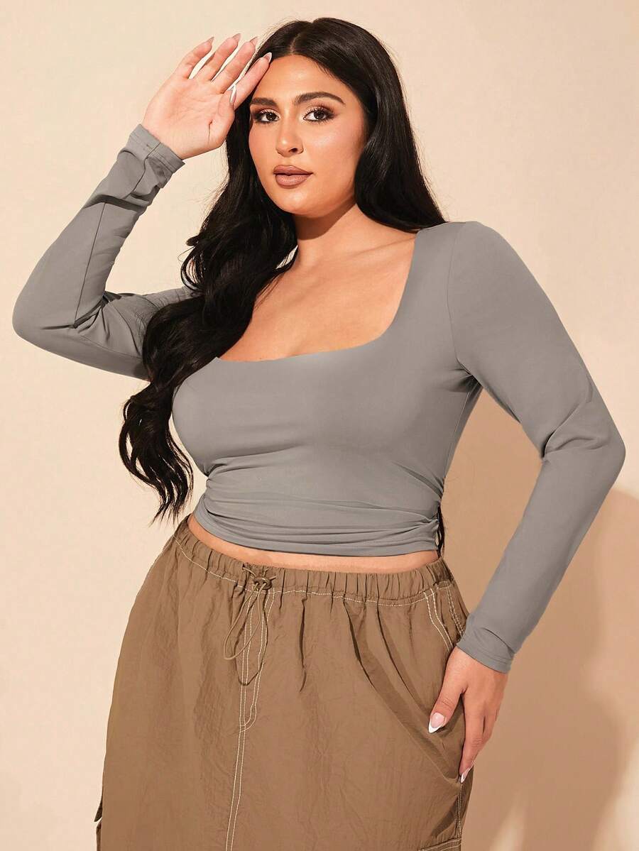 SHEIN BAE Plus Size Fall Gray Square Collar Gathered Knitted Tight Long-Sleeved T-Shirt, Elegant And Versatile Top For Commuting - Khaki - View 1