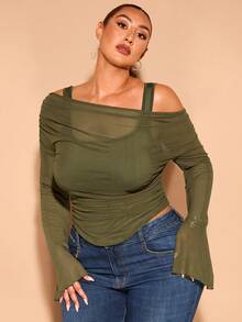 SHEIN X Phaith Montoya SHEIN BAE Blusa elegante y dulce de manga larga asimétrica con hombros descubiertos y diseño de trompeta, en talla grande, color verde, adecuada para salidas diarias y citas - Verde - Ver 4