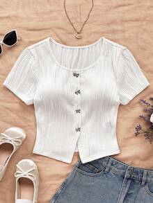 Soleia 女士度假针织红色波浪纹理圆领开衫，搭配精致蝴蝶结、金属纽扣、开衩下摆修身 T 恤，适合派对、情人节、农历新年、复活节、狂欢节、下午茶 - 杏色 - 查看 6