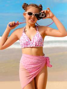 SHEIN 可爱少女豹纹三角吊带泳衣套装，含腰部纱笼（图案随机） - 粉色 - 查看 8