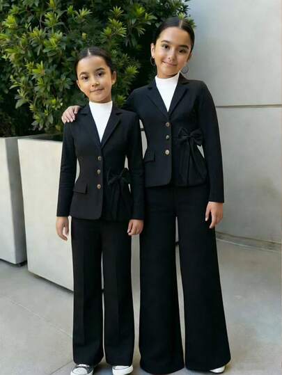 SHEIN Tween Girls Spring & Autumn Pink Striped Blazer Set For Big Girls: Stylish Single-Breasted Suit With Bow Decoration, Loose Wide-Leg Pants-Perfect For Parties, School Events, Family Gatherings & Semi-Formal Occasions, Comfortable & For Cool Seasons