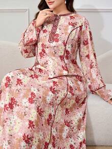 Al Najma Plus Size Women Elegant Floral Print Arabic Style Dress - Black - View 3
