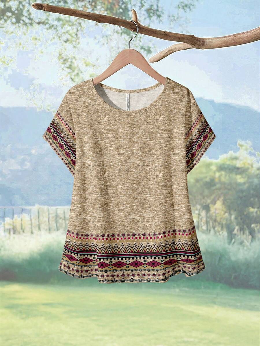 Rusticease Áo sơ mi nữ tay ngắn cổ tròn in họa tiết hình học phong cách retro bohemian giản dị - Thanh lịch cho kỳ nghỉ hè & xuân, mặc ở nhà, hoặc kiểu áo sang trọng để đi chơi. - Nhiều màu - Xem 1