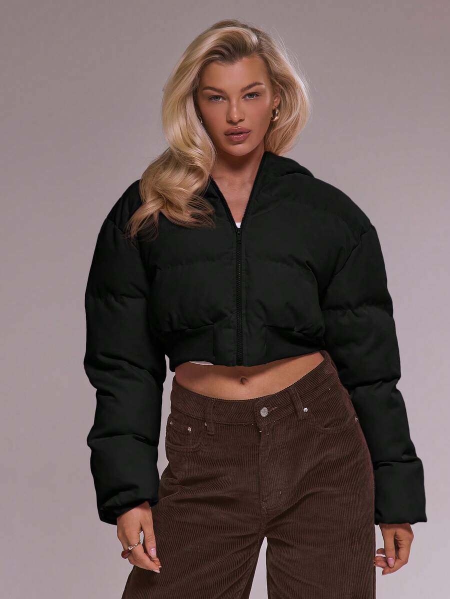 MUSERA Bow Detail Cropped Puffer Jacket Winter Cute Casual Cosy Cherry Lacquer Spring - Black - View 1