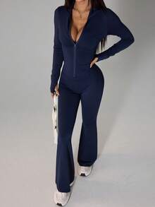 SHEIN PETITE 2pcs Women Casual Navy Blue Long Sleeve Top And Flare Pants Set - Navy Blue - View 7