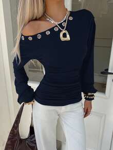 Siren Gaze 2025 New Arrival Minimalist Fall-Winter Women's Long Sleeve Off-Shoulder Top Metallic Eyelet Collar, Avant-Garde, Urban Cool Style, Statement Piece, Figure-Flattering, Party-Ready Eye-Catcher, Cutting-Edge Design, Fashion-Forward, Tops - Navy Blue - View 4