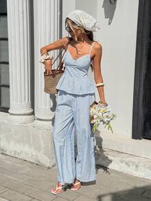 SHEIN Frenchy Women's Striped Cotton Two‑Piece Set – Button‑Front Cami Top & Wide‑Leg Pants Women's Vacation Casual Striped Camisole And Pants 2 Pieces Set Women Summer 2 Pieces Sets 2 Piece Casual Sets Woman Blue And White Outfit Women,Summer ,Spring,Valentine's Day,Party,Wedding,Ceremony,Elegant ,Vacation,Casual, Formal, - Blue and White - View 4